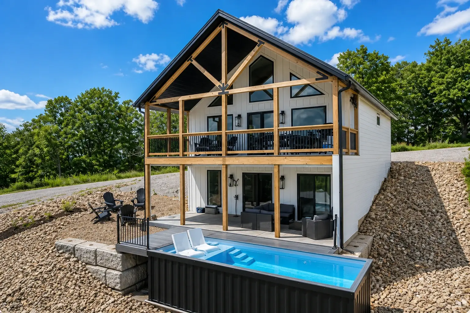 Container pool beside a covered patio